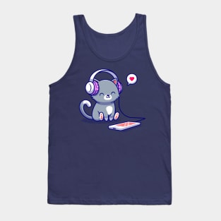 Cute Cat Listening Music With Headphone Cartoon Tank Top